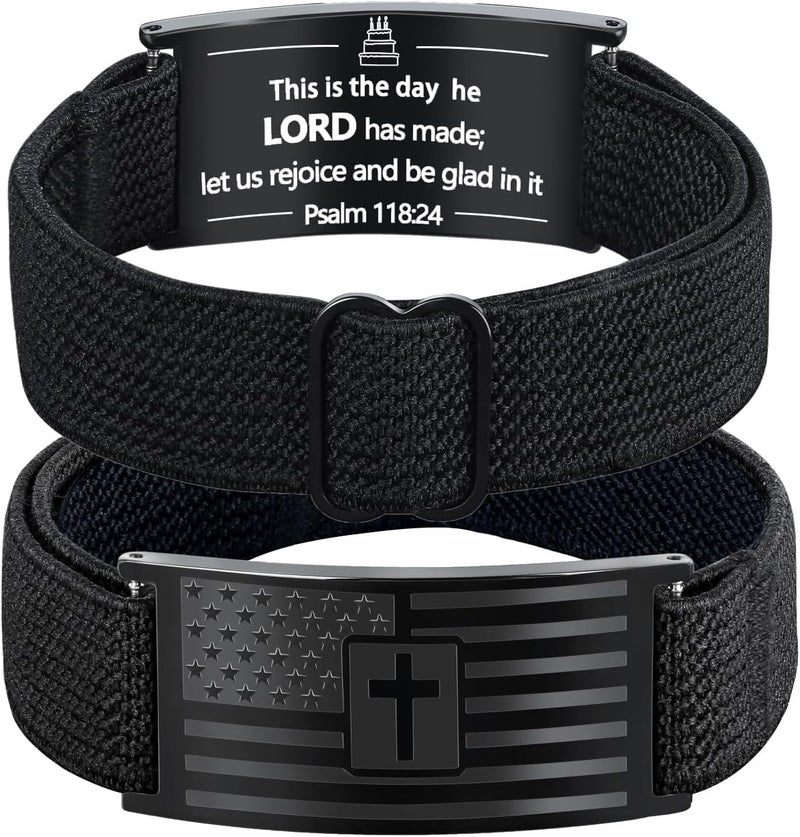 LDOWWGL Valentines Day Gifts - Mens Bracelet - American Flag Christian Cross Bracelet for Boys - Adjustable Black Elastic Stretch Strap with Bible Verse - Gift for Son Grandson - Image 1